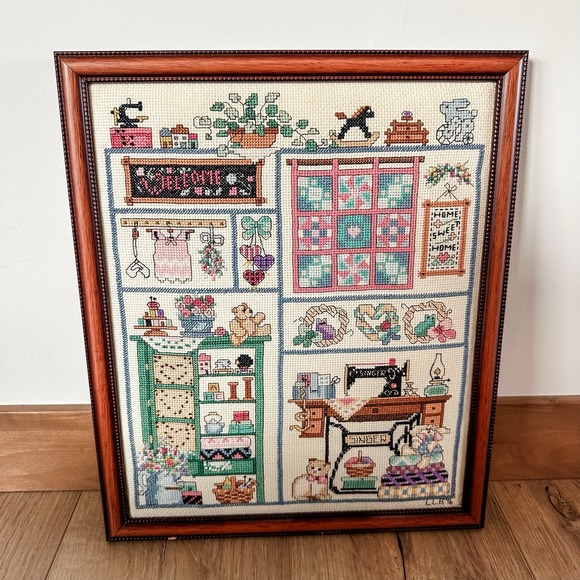 VTG Finished Cross Stitch Framed Art Sewing Room Treasures 14x12 - Picture 1 of 10